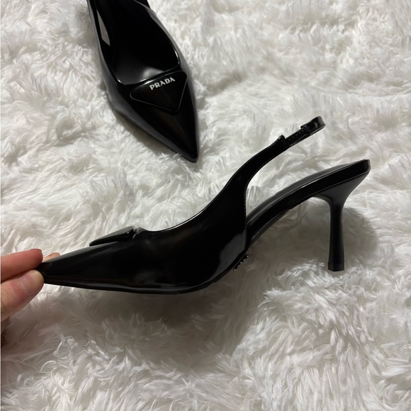 Prada Black Patent Slingback Pointed Pumps with Logo Plaque - Picture 3 of 8
